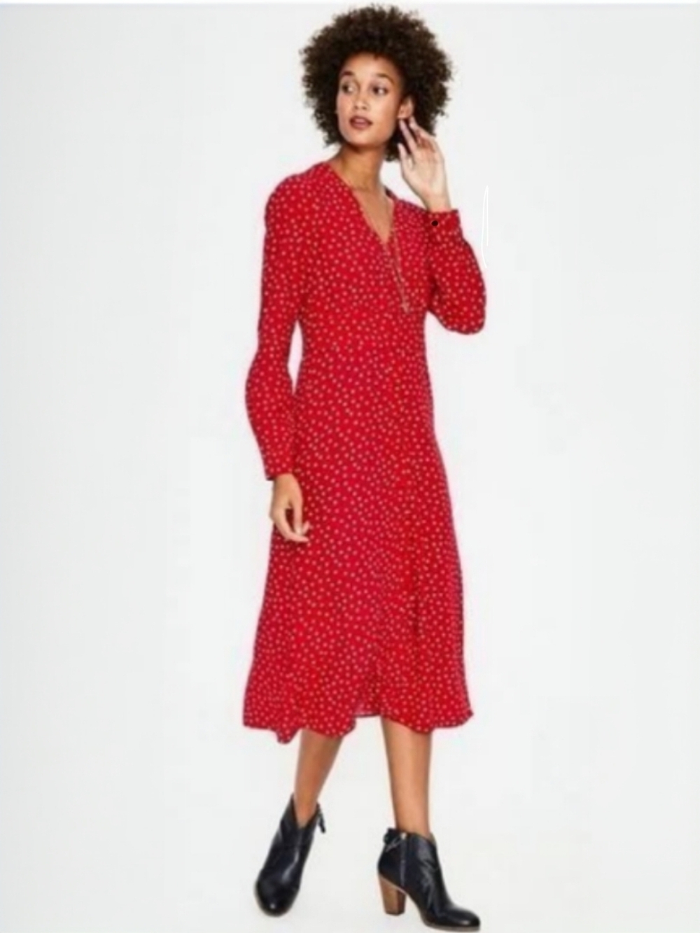 Boden Elsie Midi Dress Red Gold Polka Dot Button Front 10